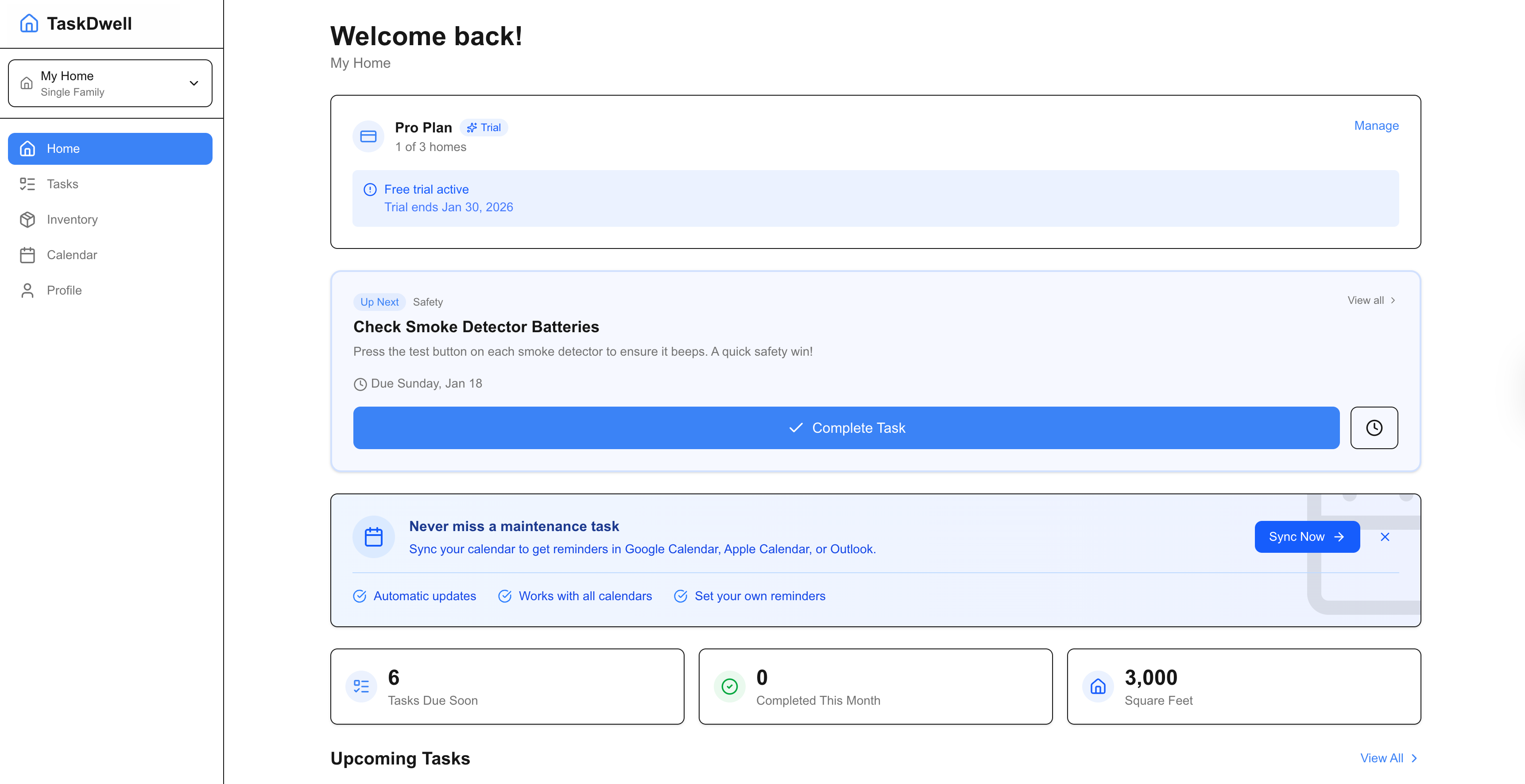 TaskDwell Dashboard - showing upcoming tasks, home details, and easy task management